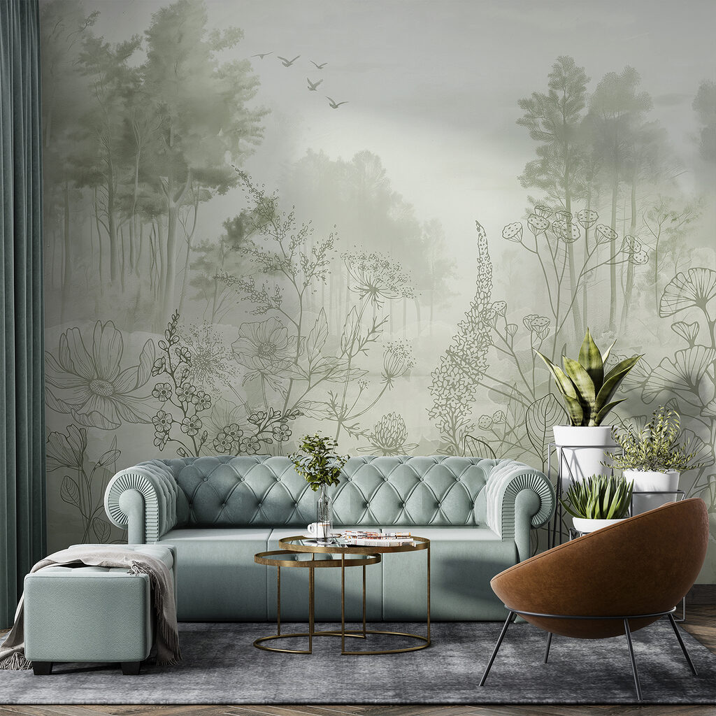 Foggy forest with trees and birds Foggy forest with trees and birds