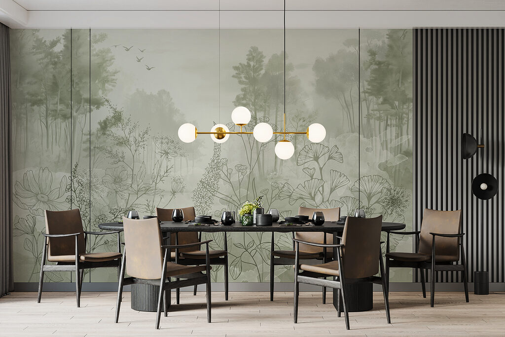 Foggy forest with trees and birds Foggy forest with trees and birds