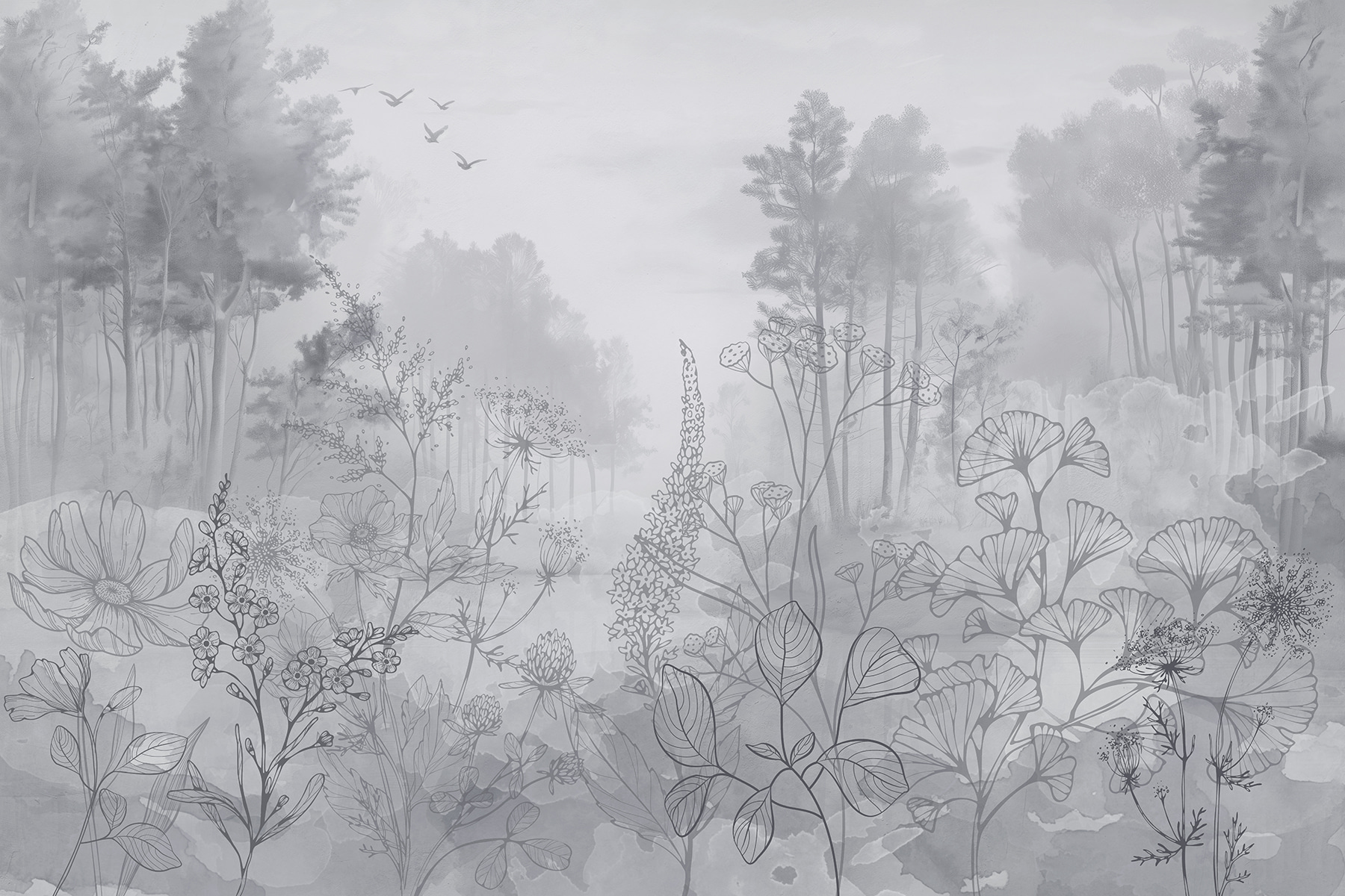 Greyscale image of a forest with birds flying