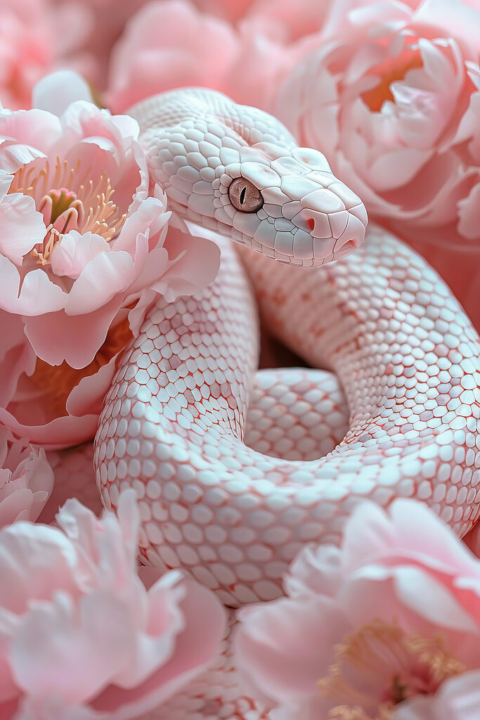 White snake in pink flowers