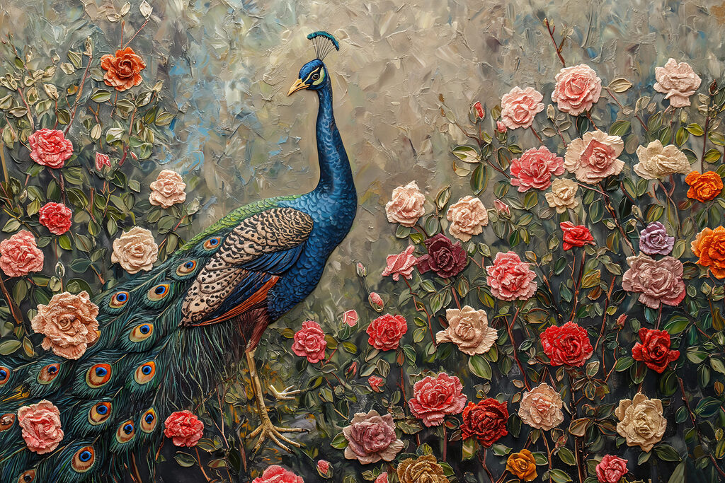 Painting of a peacock surrounded by flowers Painting of a peacock surrounded by flowers