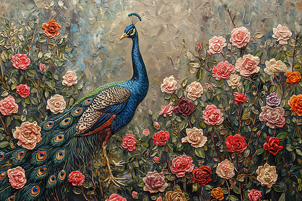 Painting of a peacock surrounded by flowers Painting of a peacock surrounded by flowers