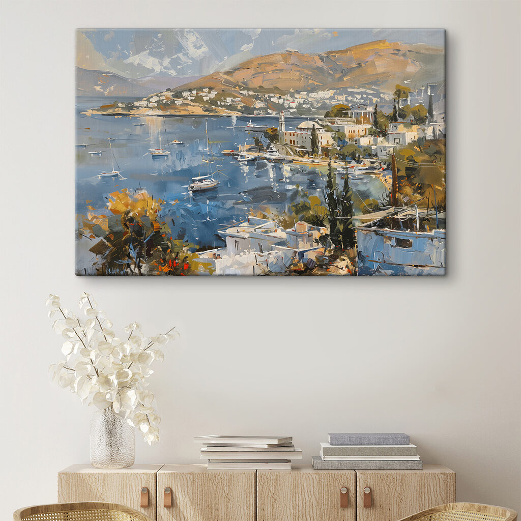 Painting of a city and a body of water Painting of a city and a body of water