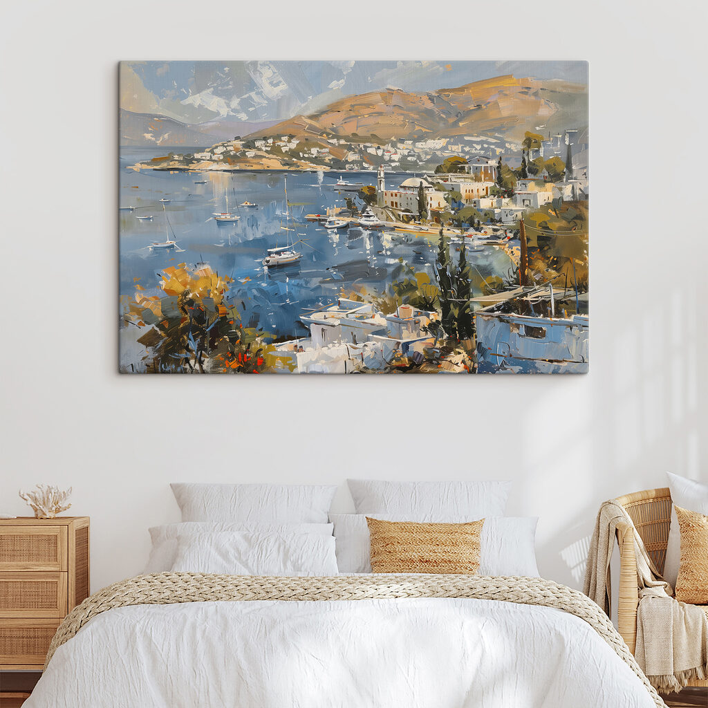 Painting of a city and a body of water Painting of a city and a body of water