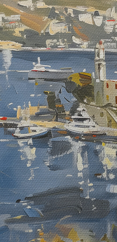 Painting of a city and a body of water Painting of a city and a body of water