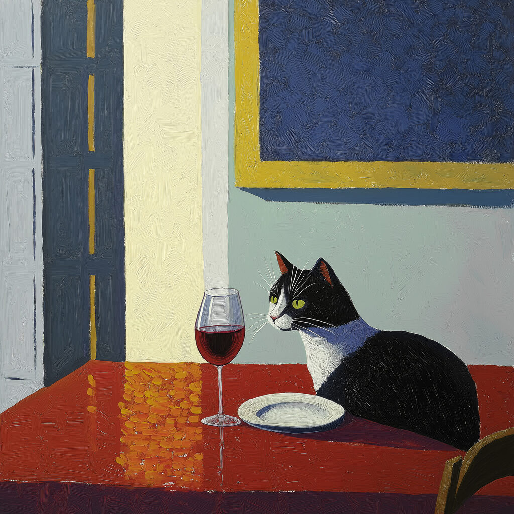 Cat sitting at a table with a plate and a plate Cat sitting at a table with a plate and a plate