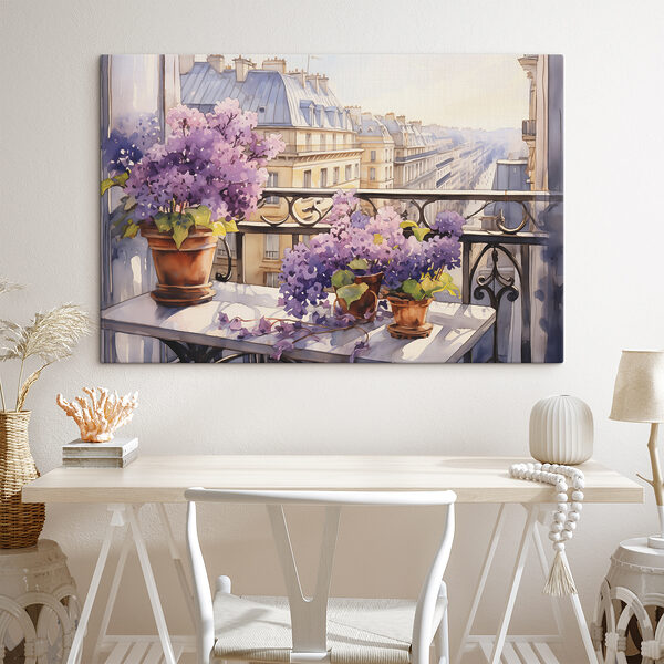 Tablouri Tablouri Pictura acuarelă a unui balcon cu flori mov (SKU: s39931)