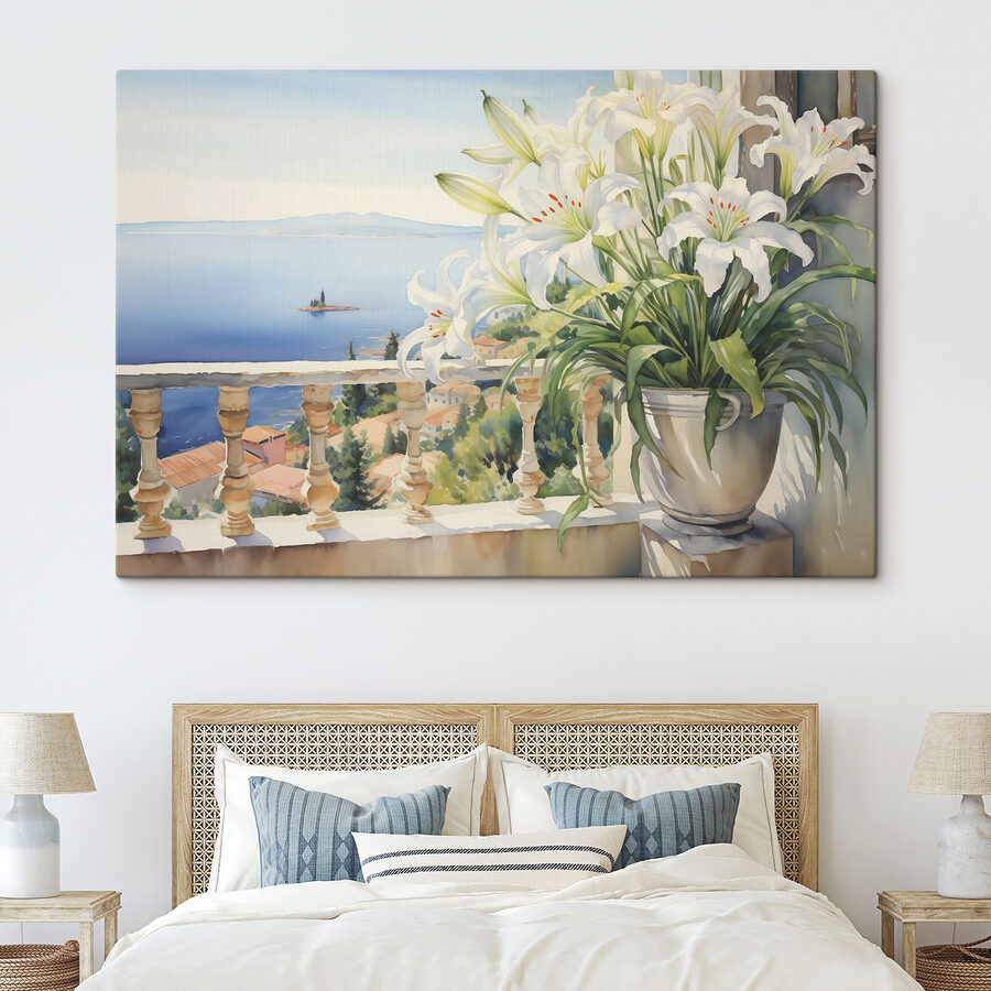 Painting of a balcony with a view of a city and a sea Painting of a balcony with a view of a city and a sea