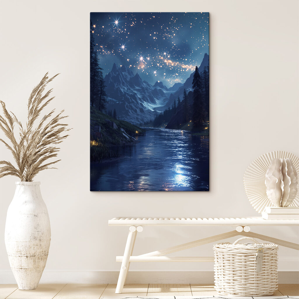 River with a mountain and stars in the sky