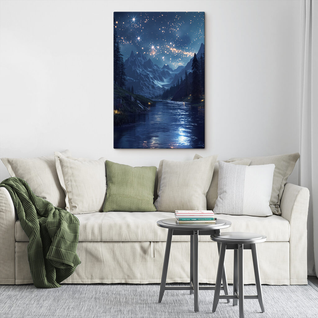 River with a mountain and stars in the sky