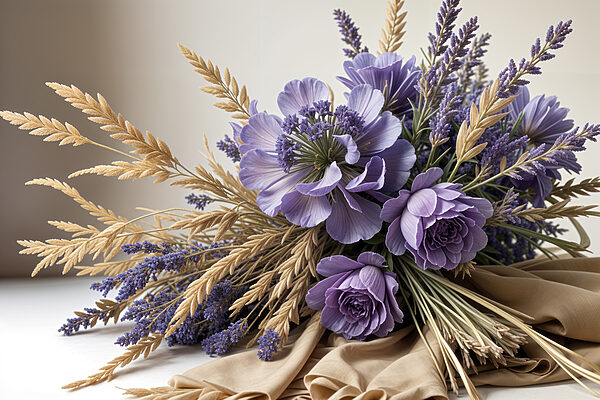 Buchet de flori mov și grâu Buchet de flori mov și grâu