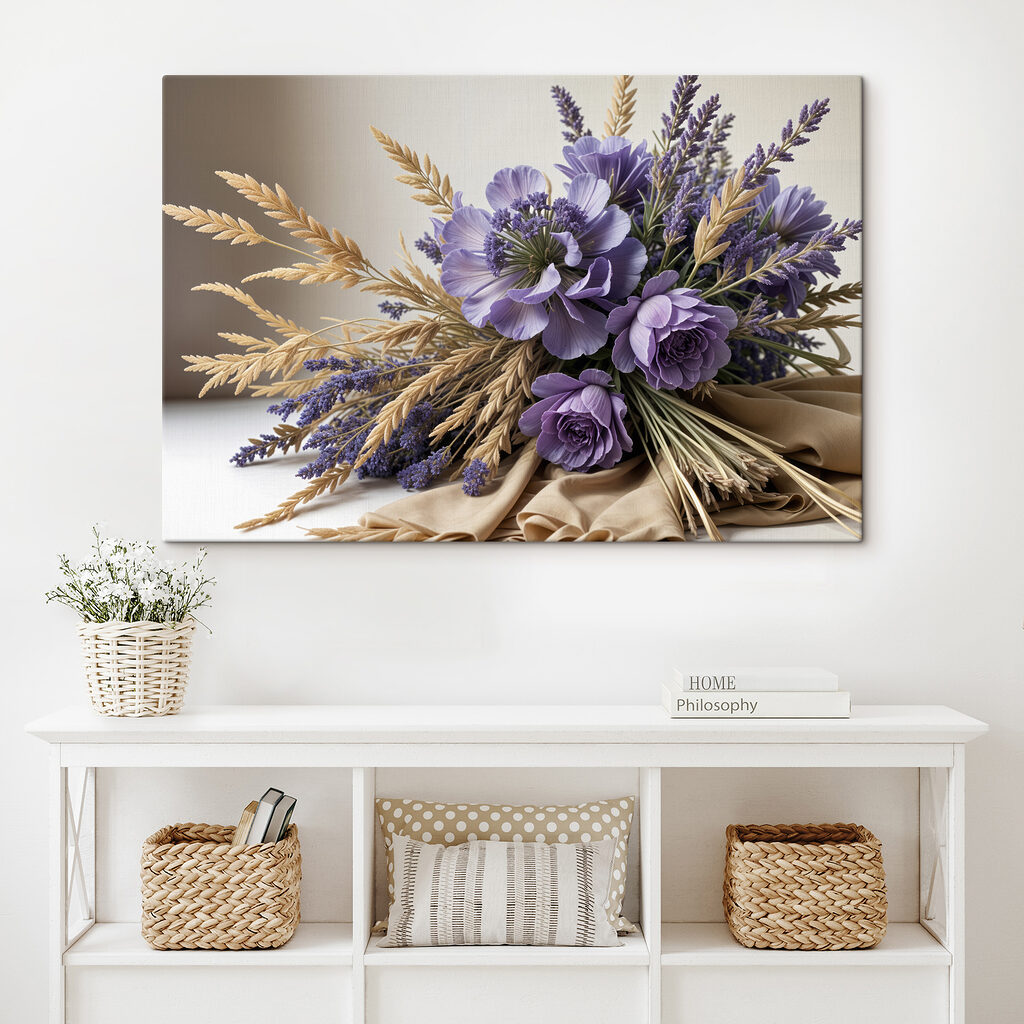 Bouquet of purple flowers and wheat