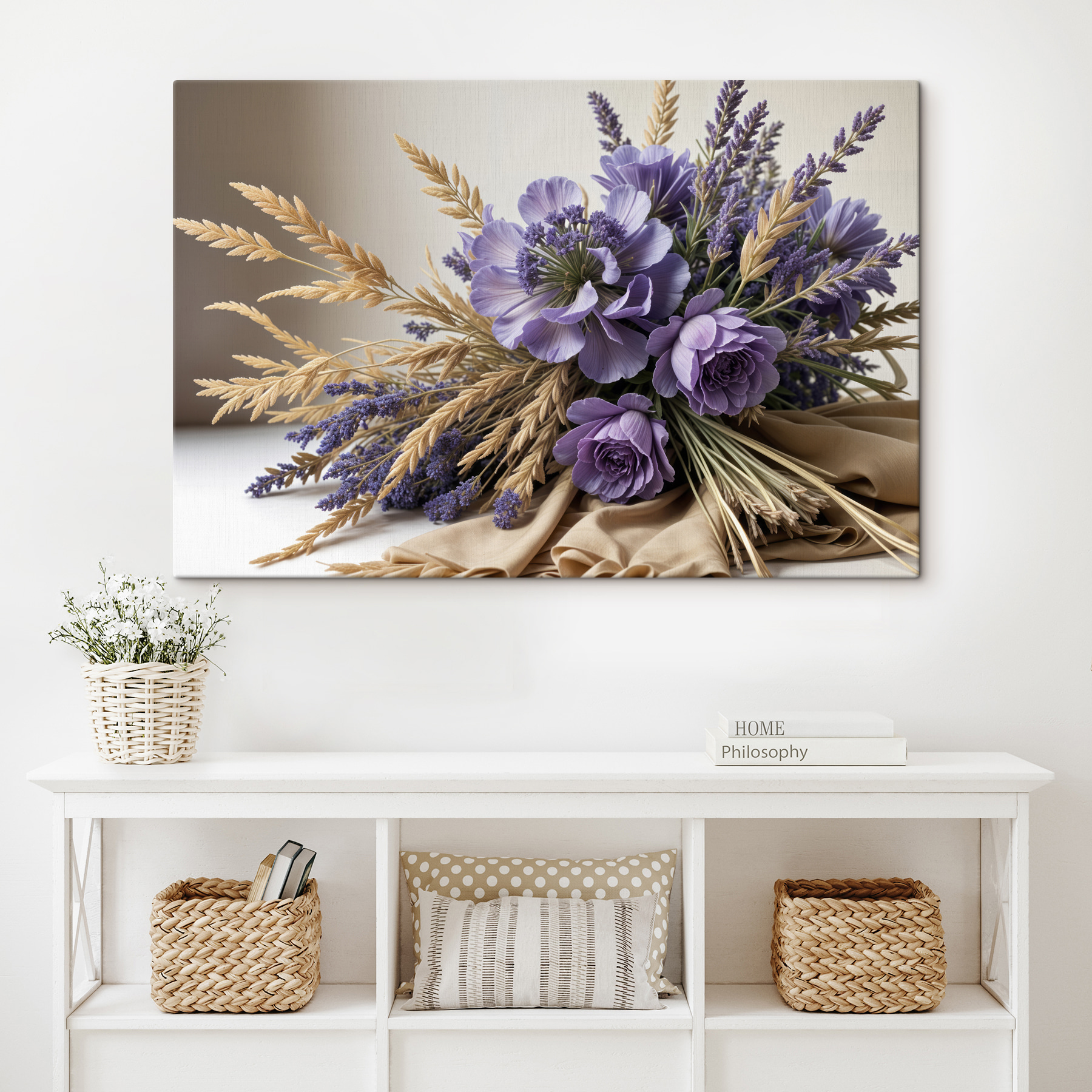 Bouquet of purple flowers and wheat