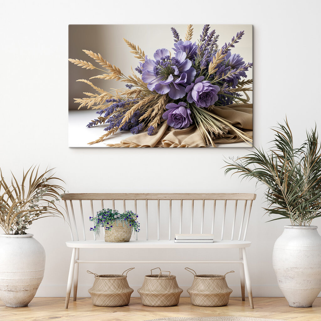 Bouquet of purple flowers and wheat