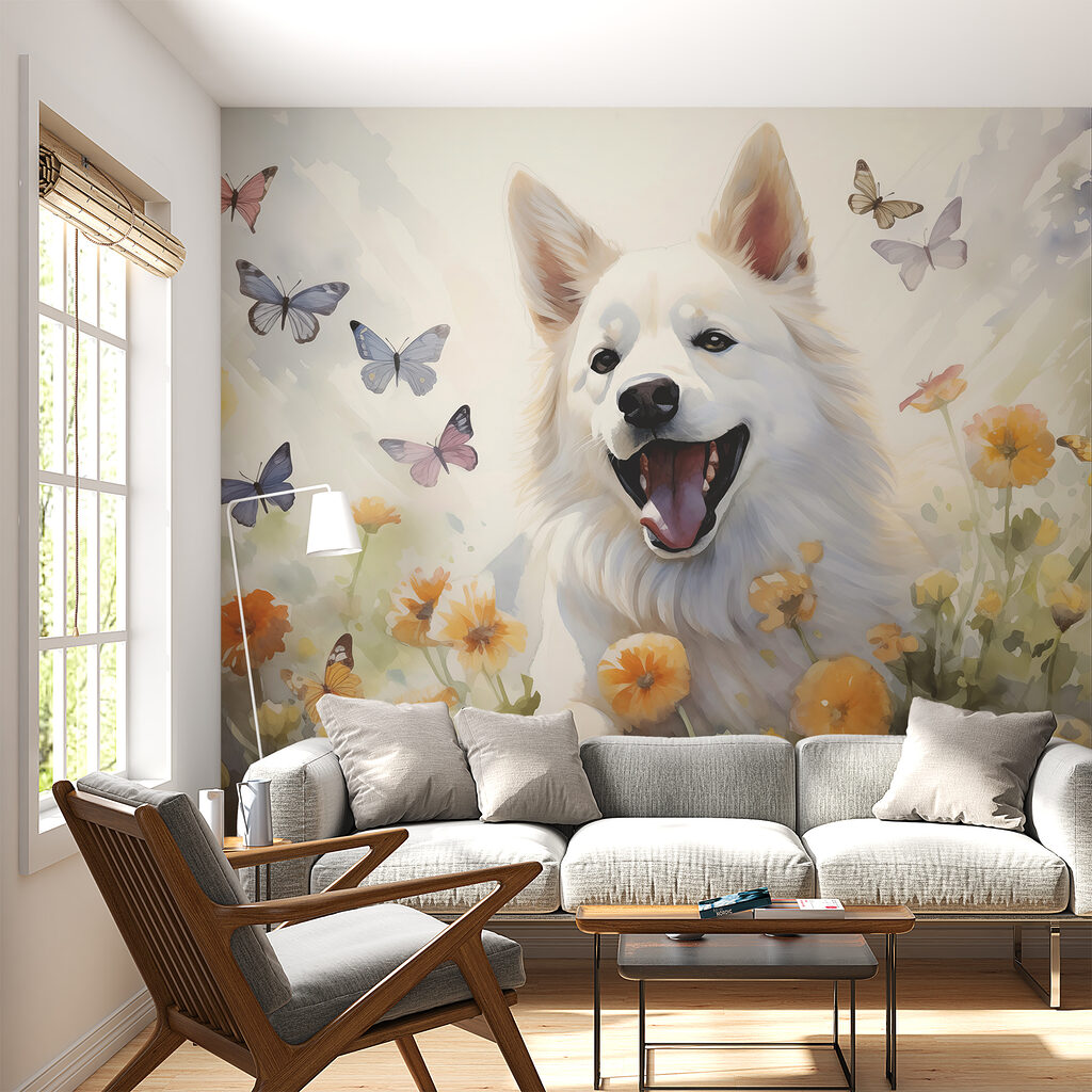 White dog with butterflies around it