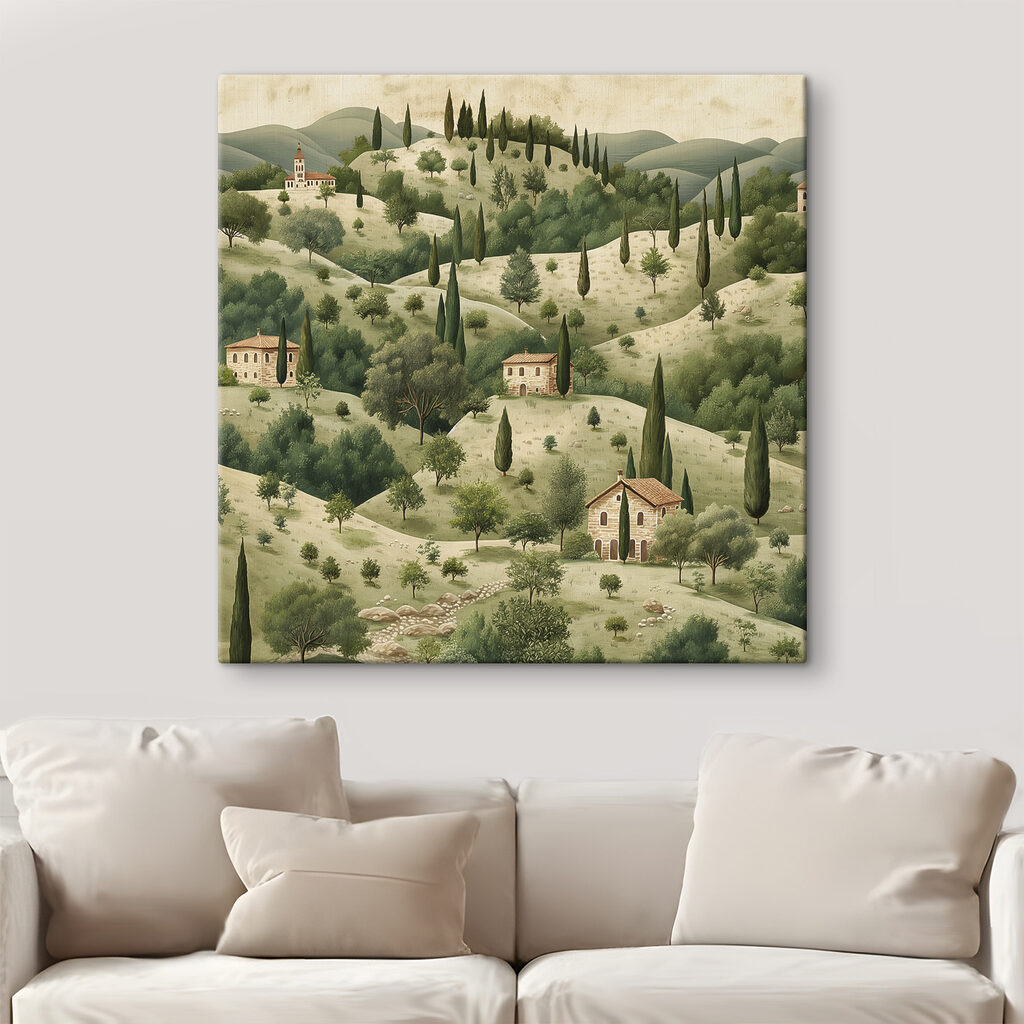 Painting of a landscape with houses and trees Painting of a landscape with houses and trees