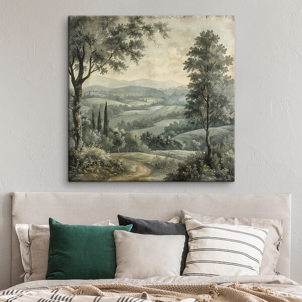Painting of a landscape with trees and hills Painting of a landscape with trees and hills