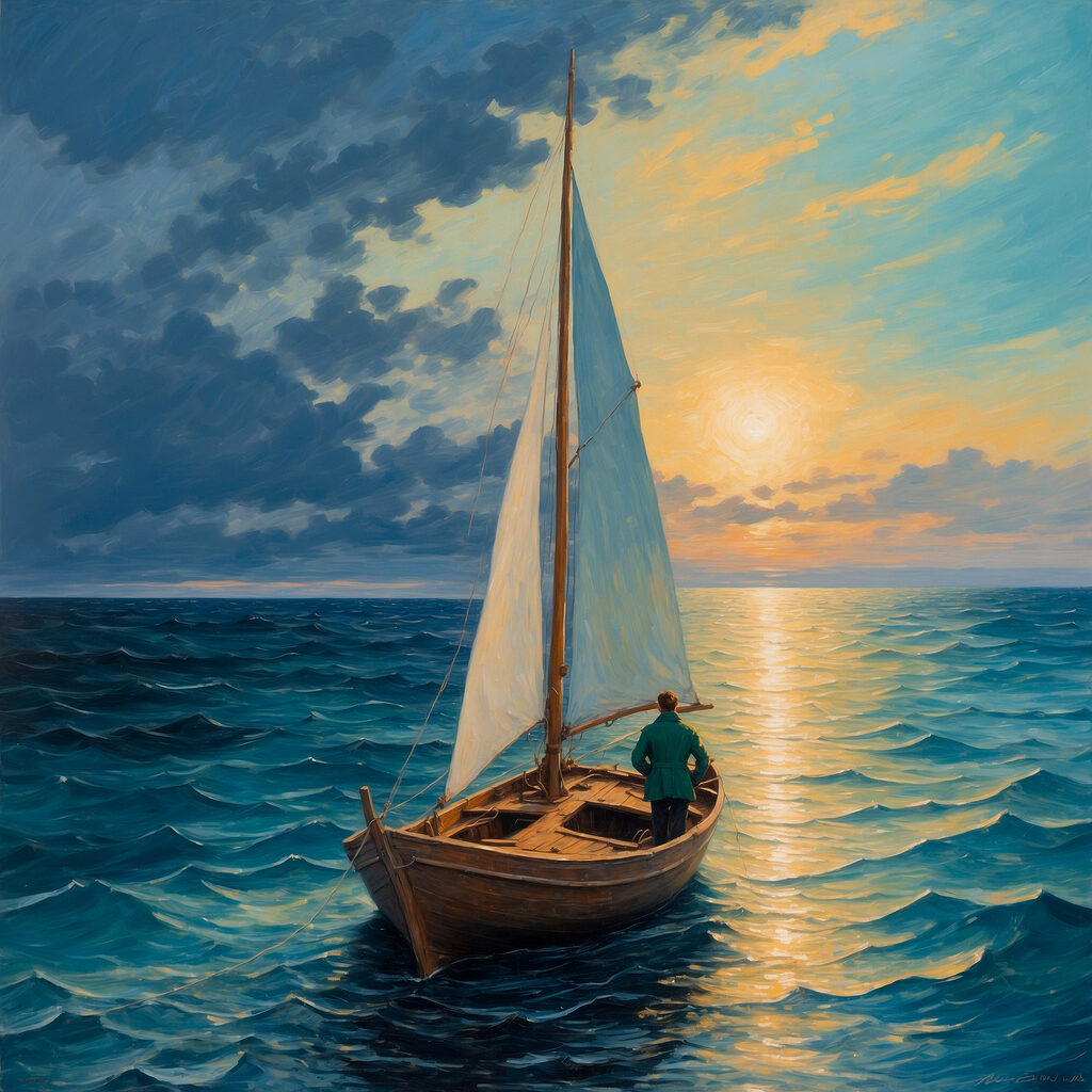 Painting of a man in a boat in the ocean Painting of a man in a boat in the ocean