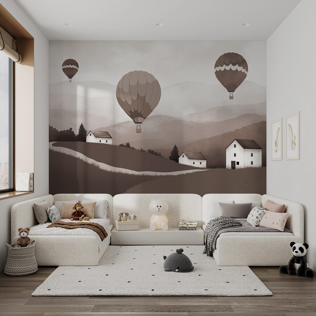 Group of hot air balloons flying over a village