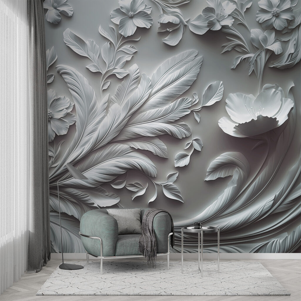 White wall with flowers and leaves