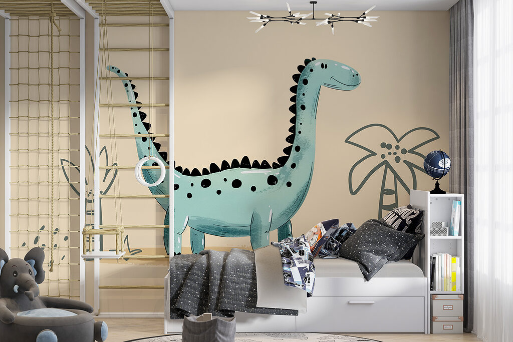 Cartoon dinosaur with plants and leaves