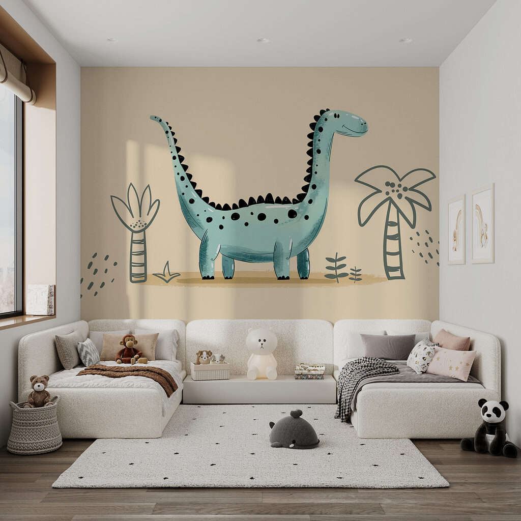 Cartoon dinosaur with plants and leaves