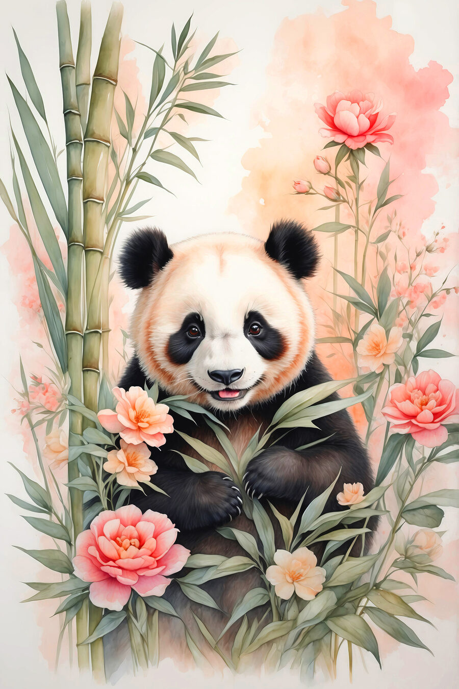 Urs panda cu flori și bambus Urs panda cu flori și bambus