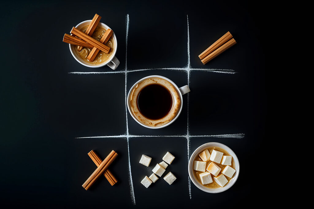 Tic tac toe game with coffee and marshmallows