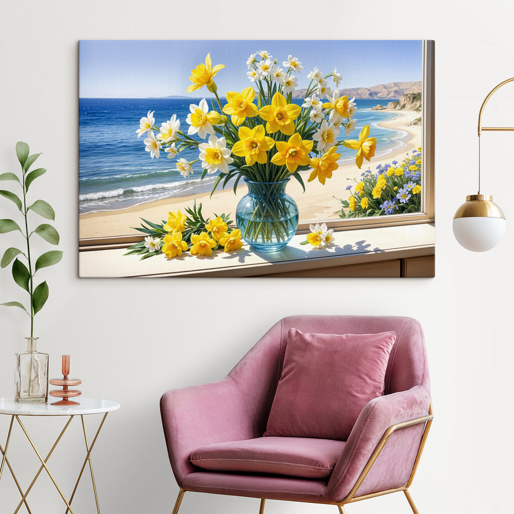 Vase of yellow and white flowers on a window sill