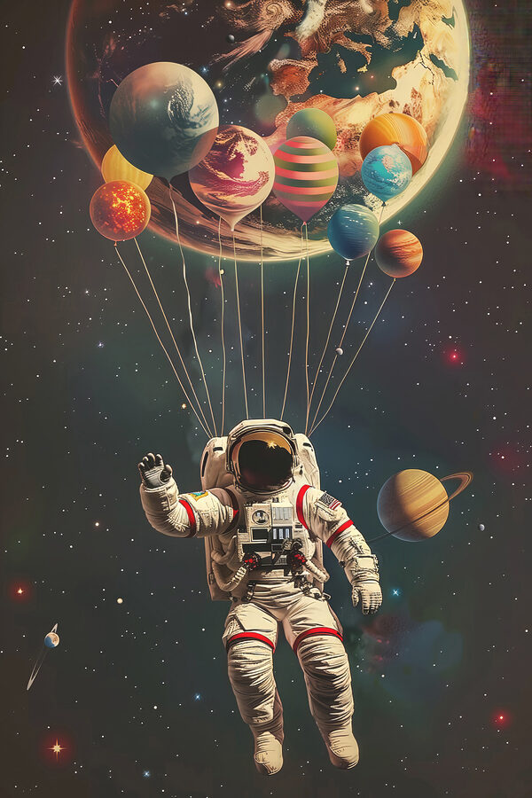 Un astronaut plutind în spațiu cu baloane Un astronaut plutind în spațiu cu baloane