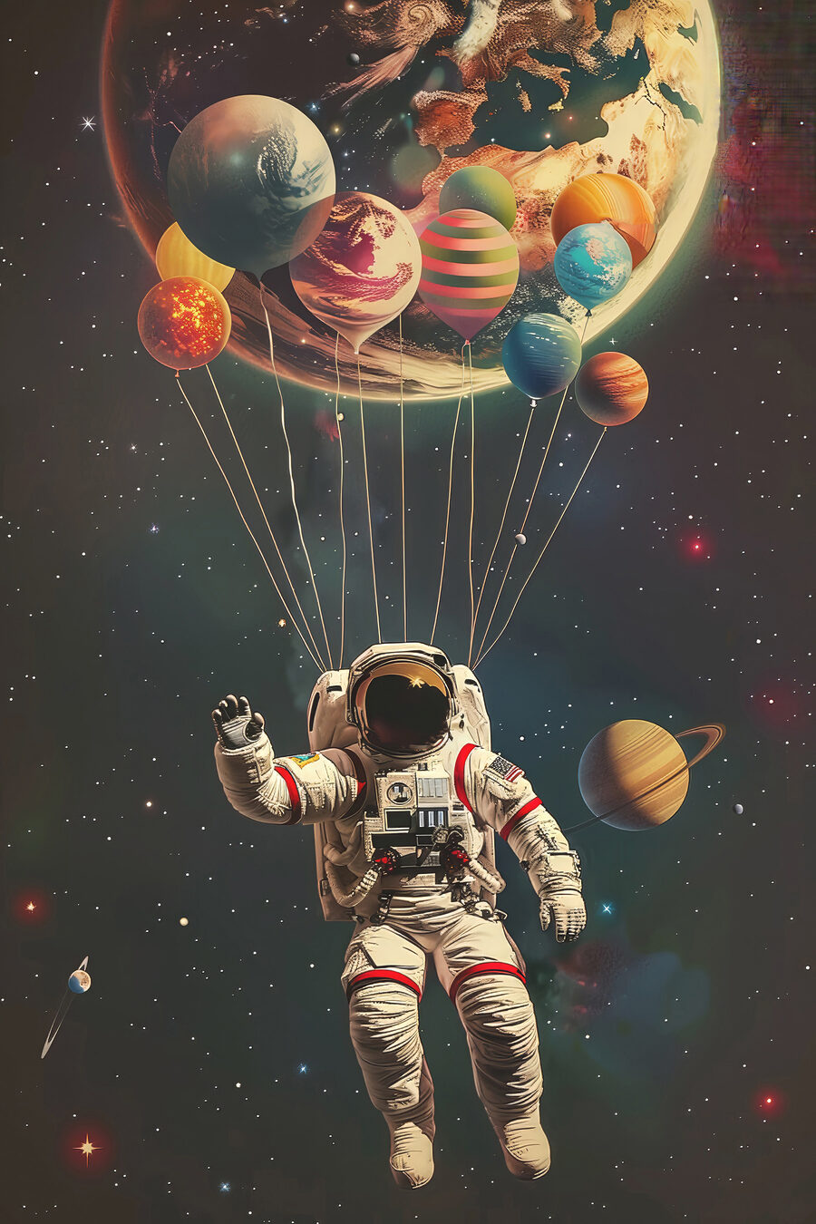 Un astronaut plutind în spațiu cu baloane
