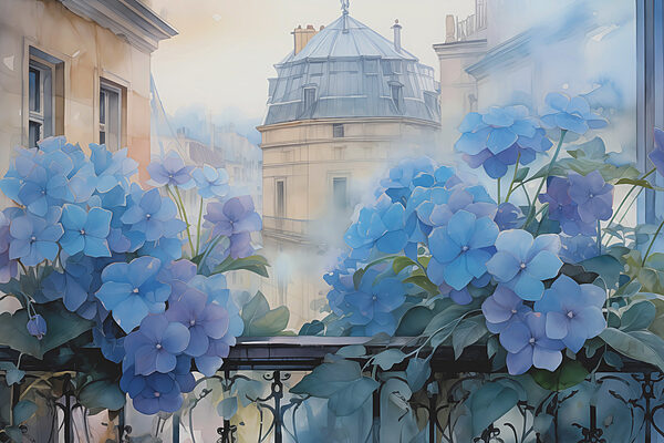 Pictura de flori albastre pe un balcon Pictura de flori albastre pe un balcon