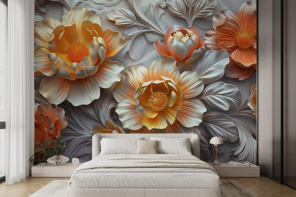 Wallpaper with flowers and leaves