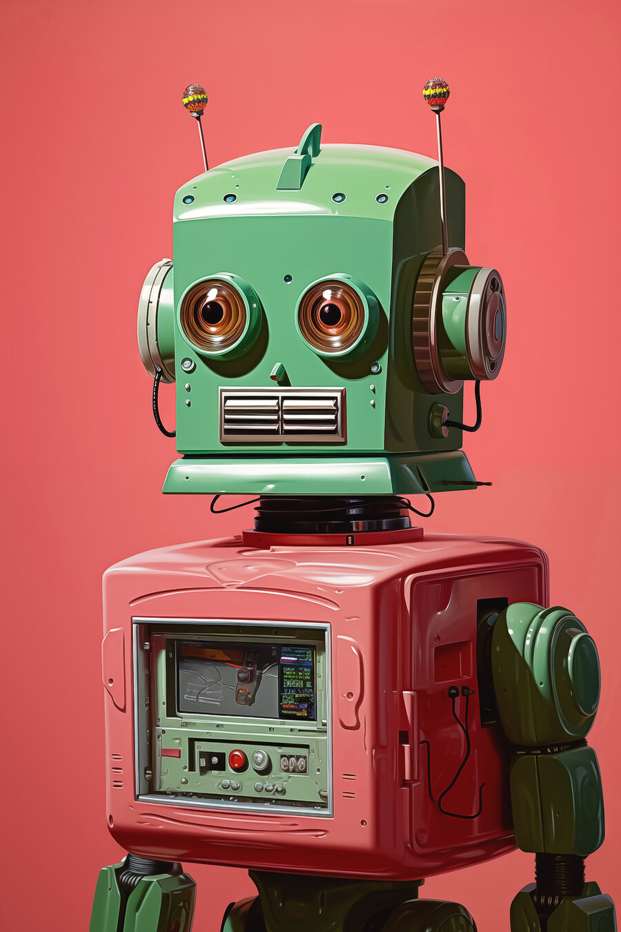 Robot verde și roz cu ochi mari