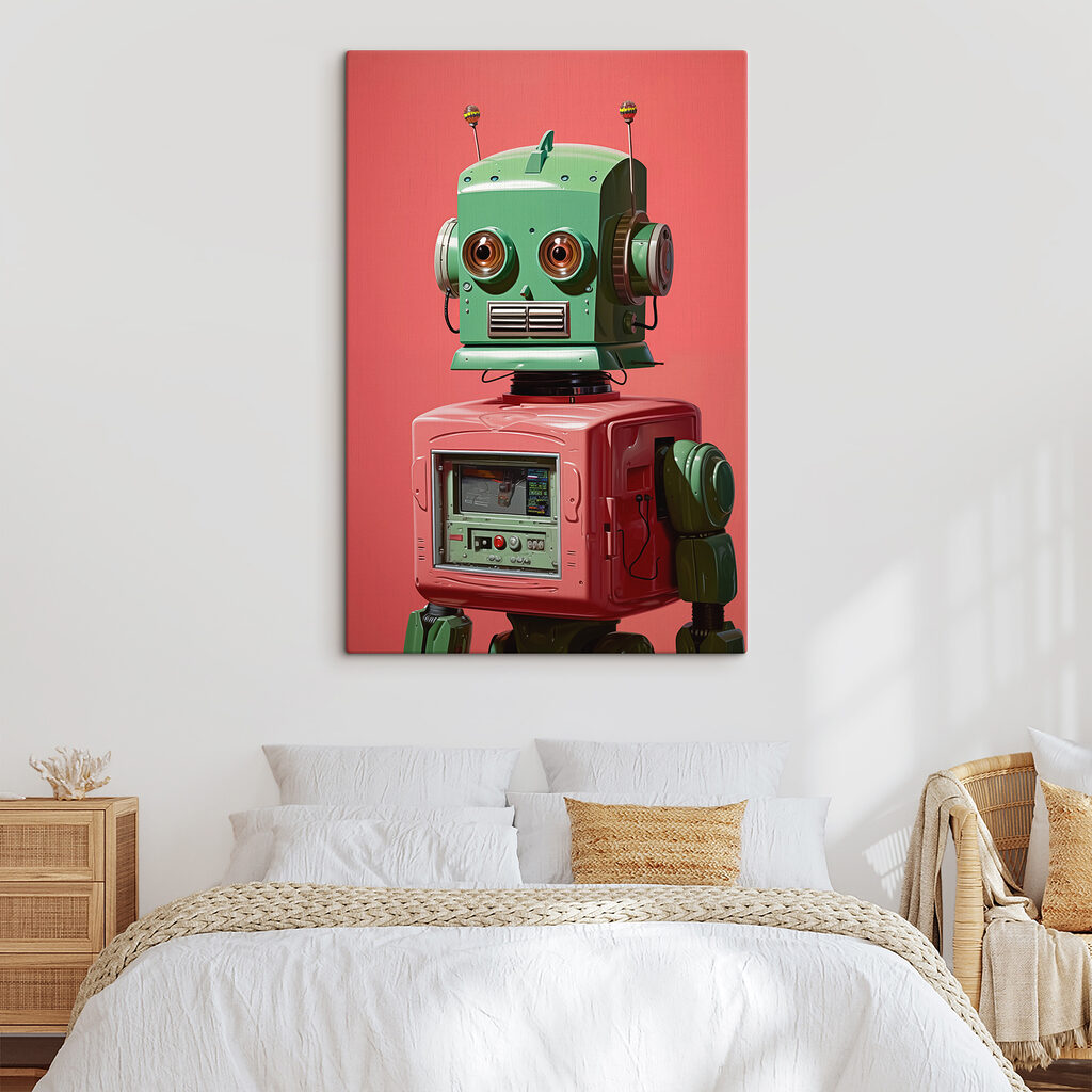 Green and pink robot with large eyes