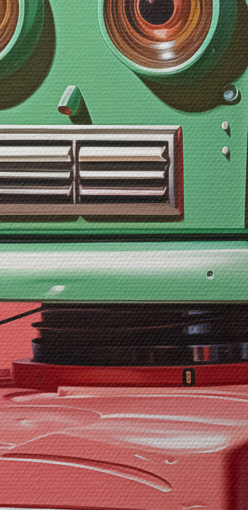 Green and pink robot with large eyes