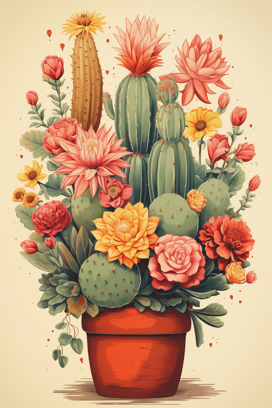 Cactus și flori într-un ghiveci