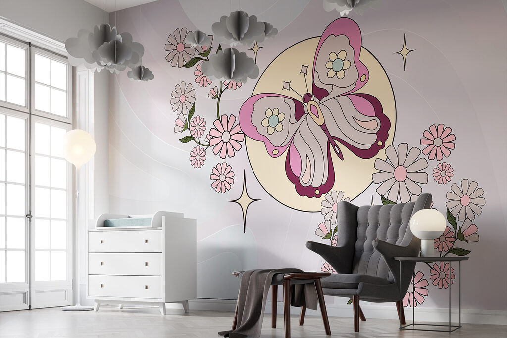 Butterfly and flowers on a white background