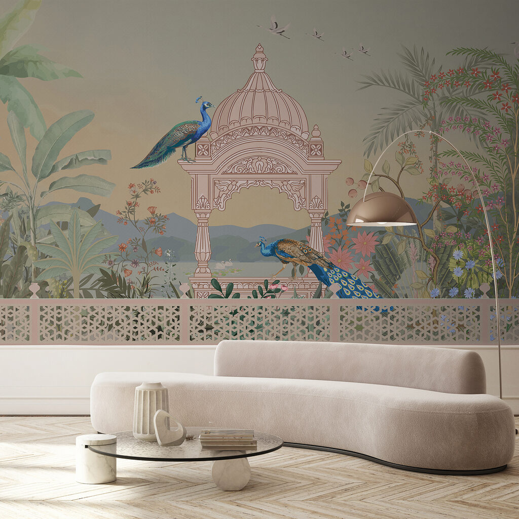 Mural of a building with a roof and birds Mural of a building with a roof and birds