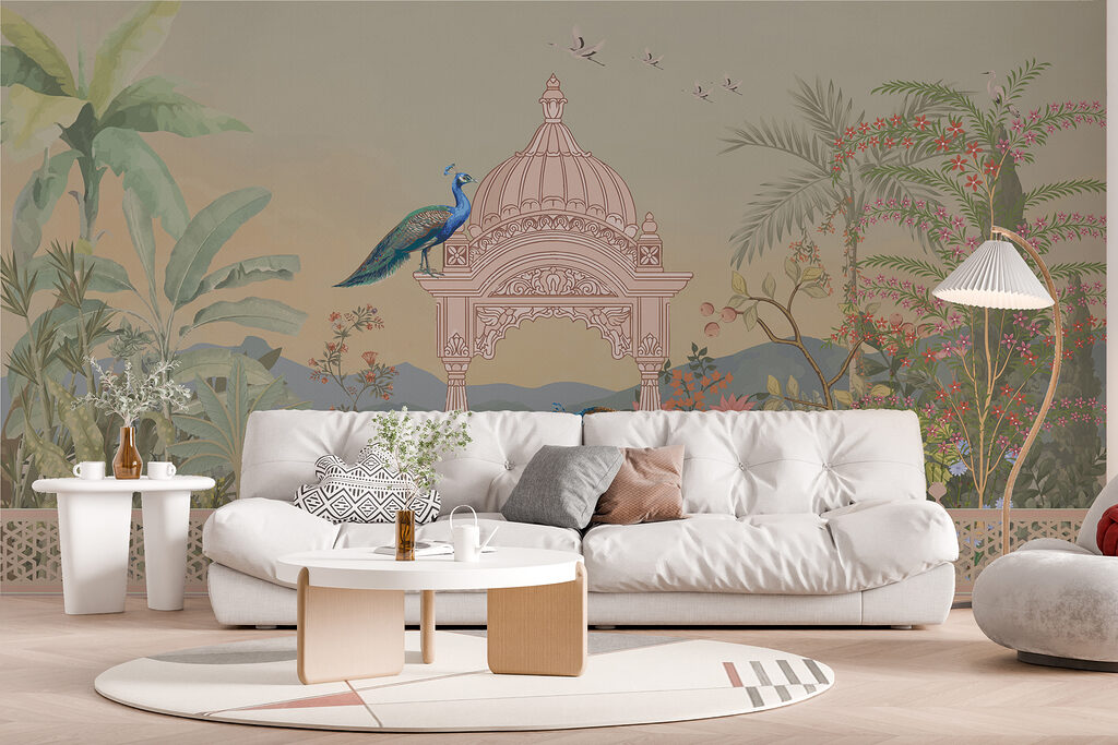 Mural of a building with a roof and birds Mural of a building with a roof and birds