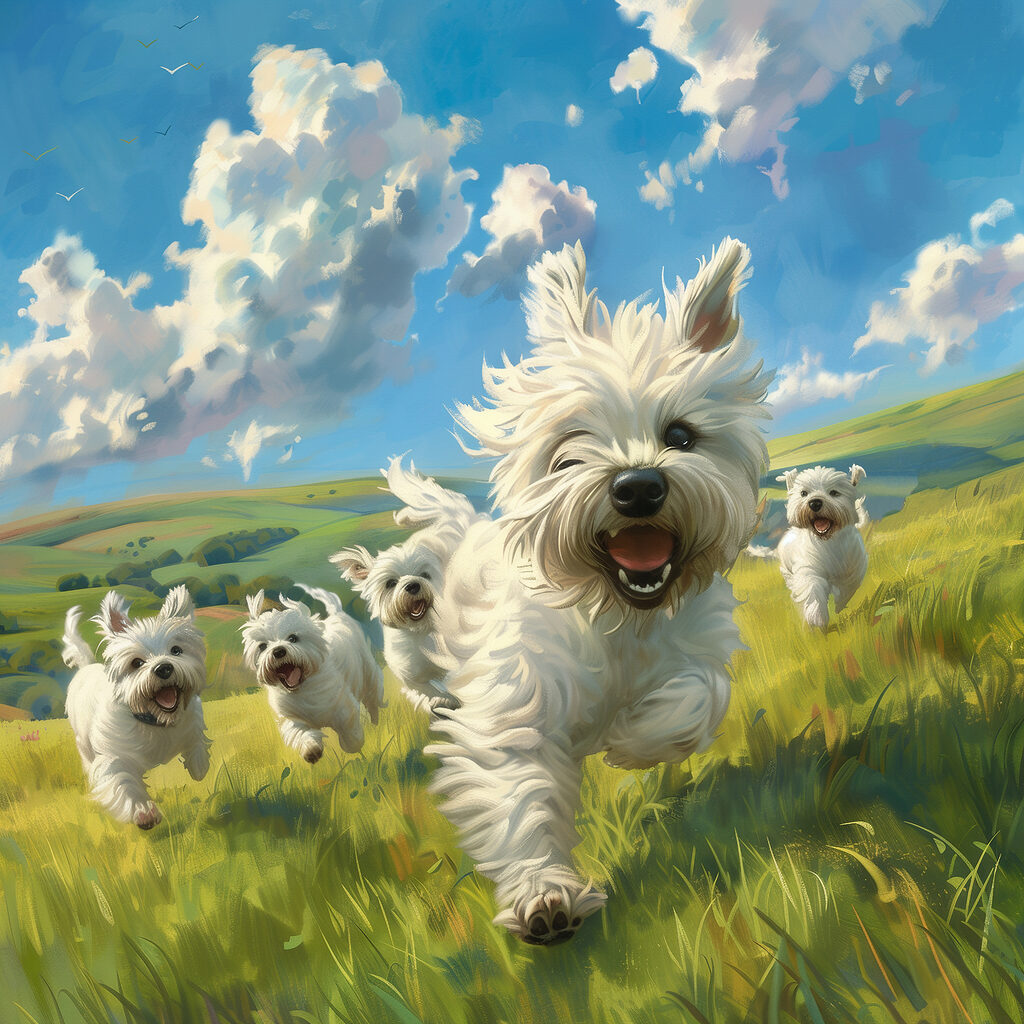 Group of white dogs running in a field Group of white dogs running in a field