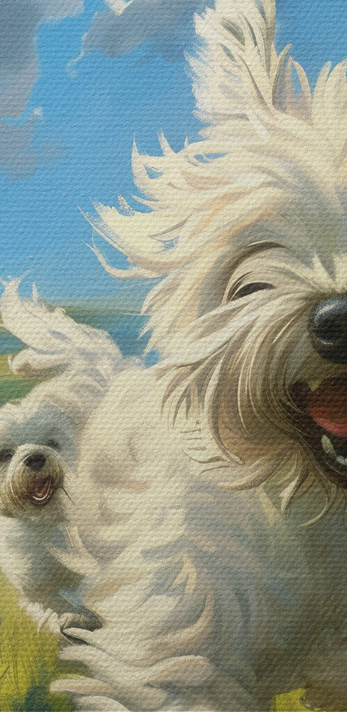 Group of white dogs running in a field Group of white dogs running in a field