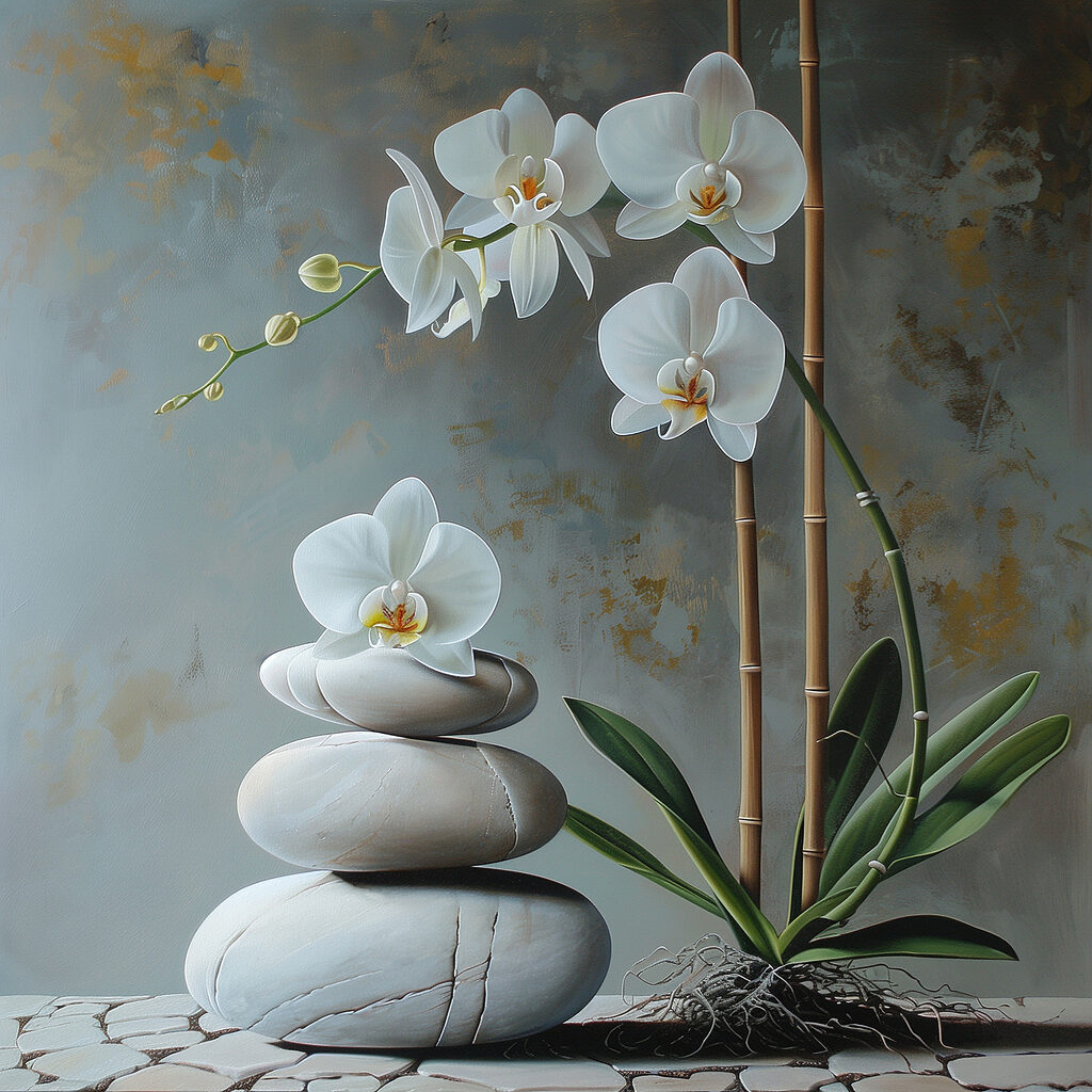 Painting of a plant and a stack of rocks Painting of a plant and a stack of rocks