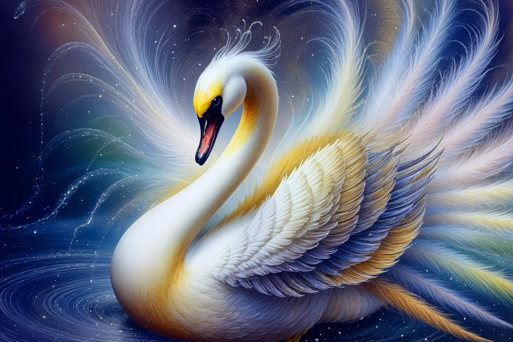 White swan with yellow and blue feathers