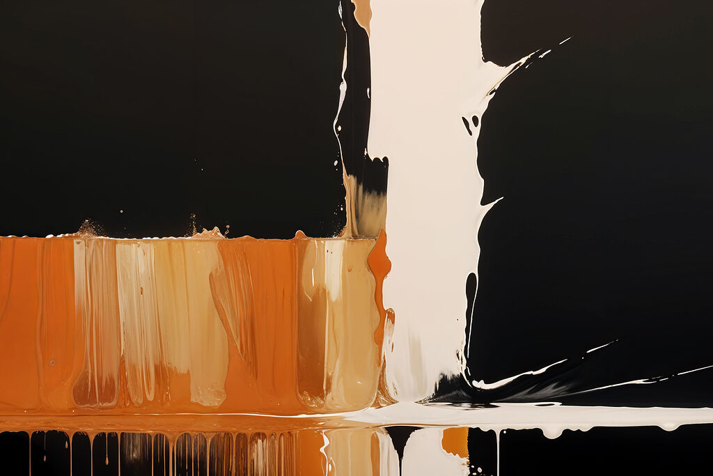 White and orange paint dripping down a black surface