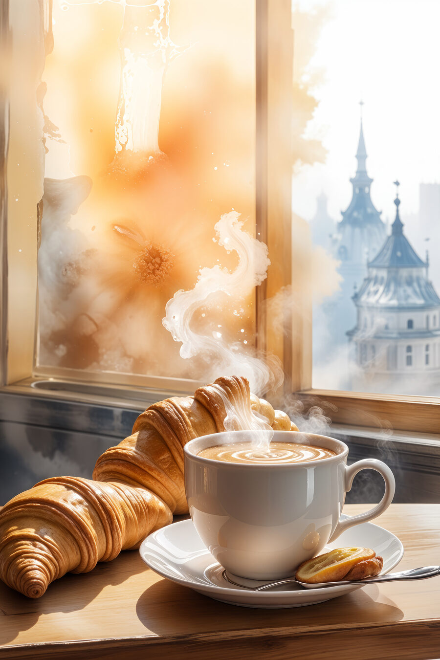 Ceașcă de cafea și croissante pe o masă