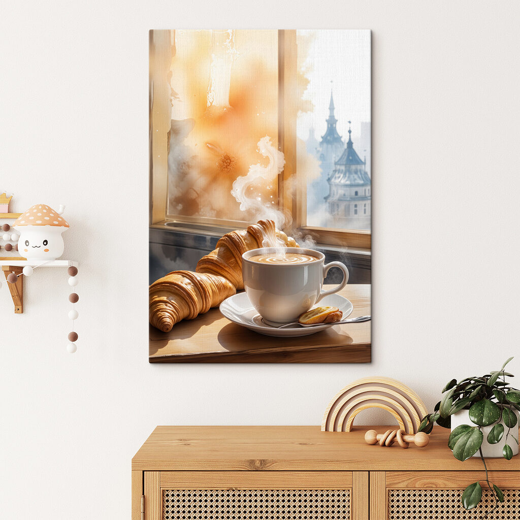 Cup of coffee and croissants on a table Cup of coffee and croissants on a table