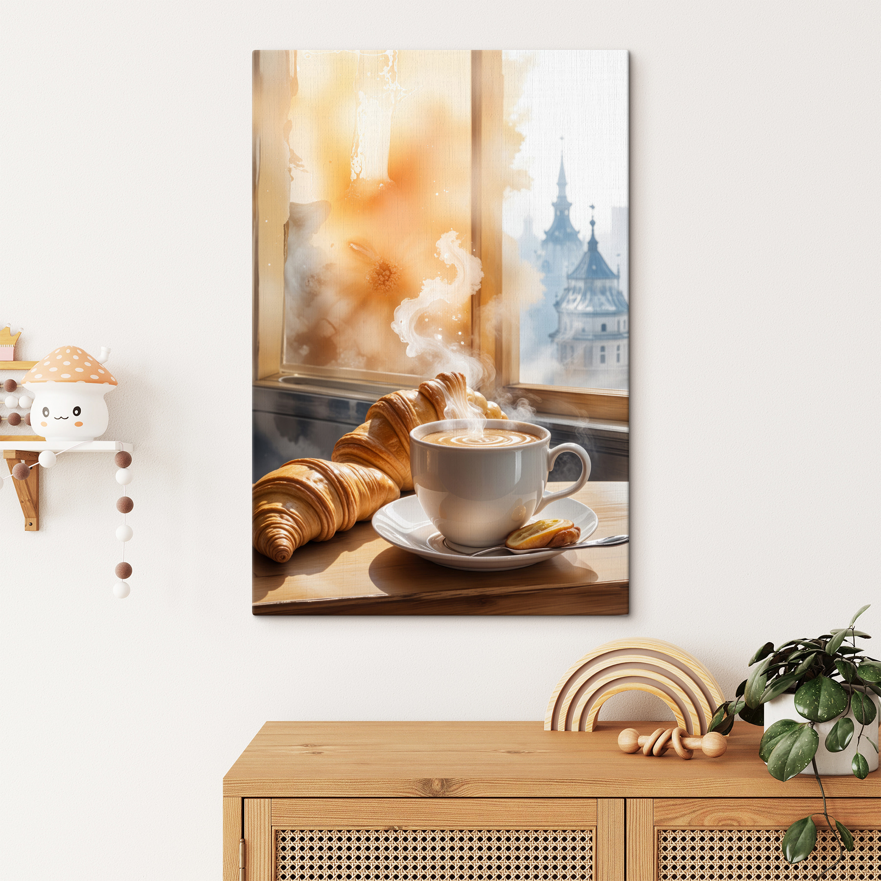 Cup of coffee and croissants on a table Cup of coffee and croissants on a table