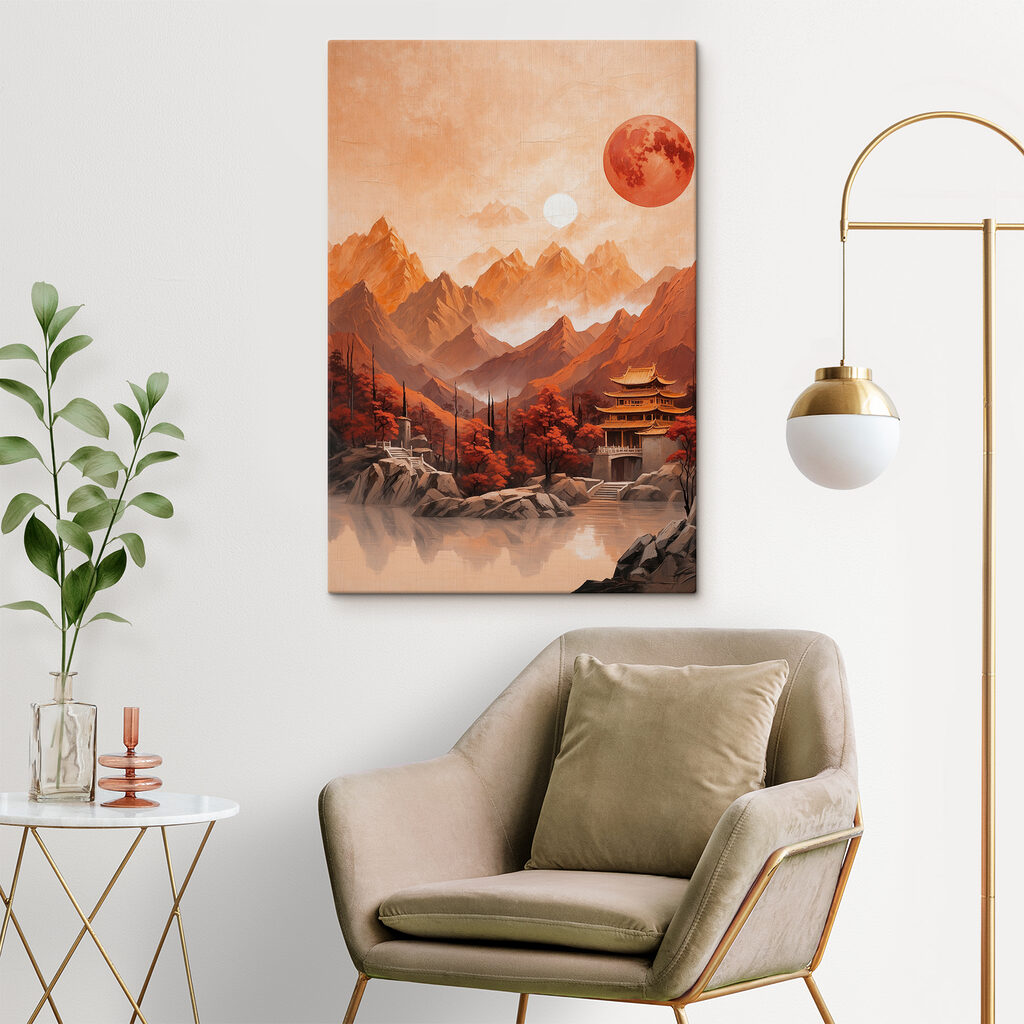 Painting of a temple in the mountains