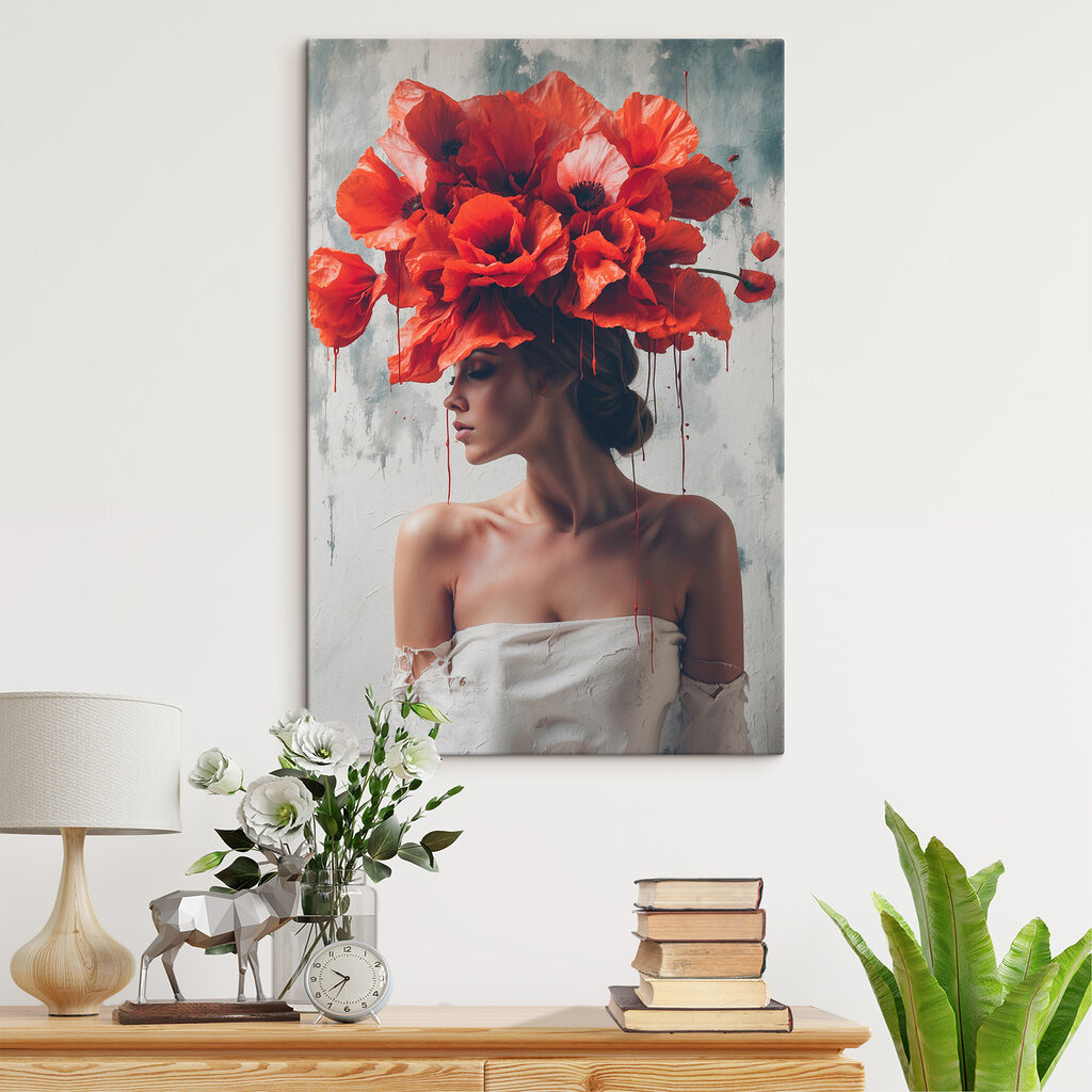Woman with red flowers on her head